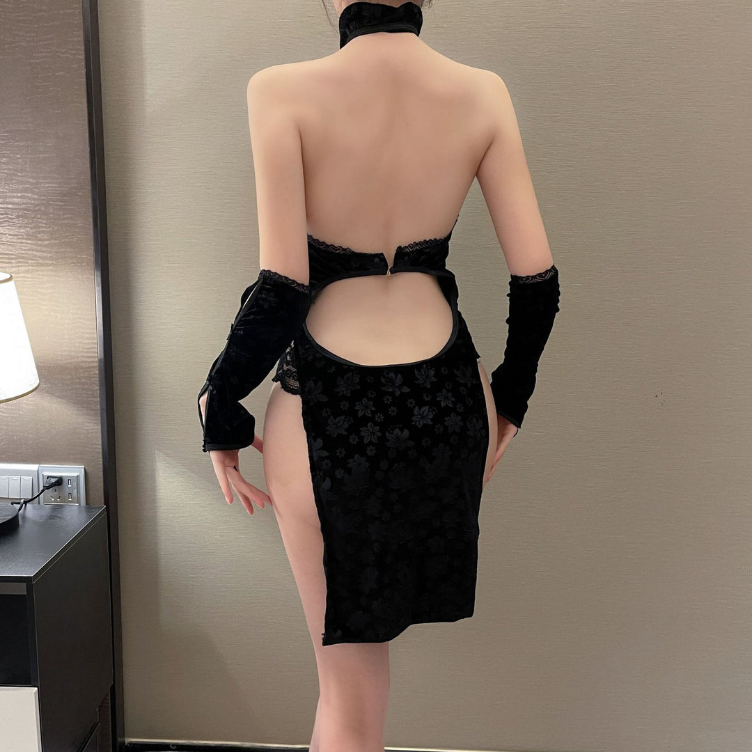 Sexy Black Velvet Lace Bodysuit