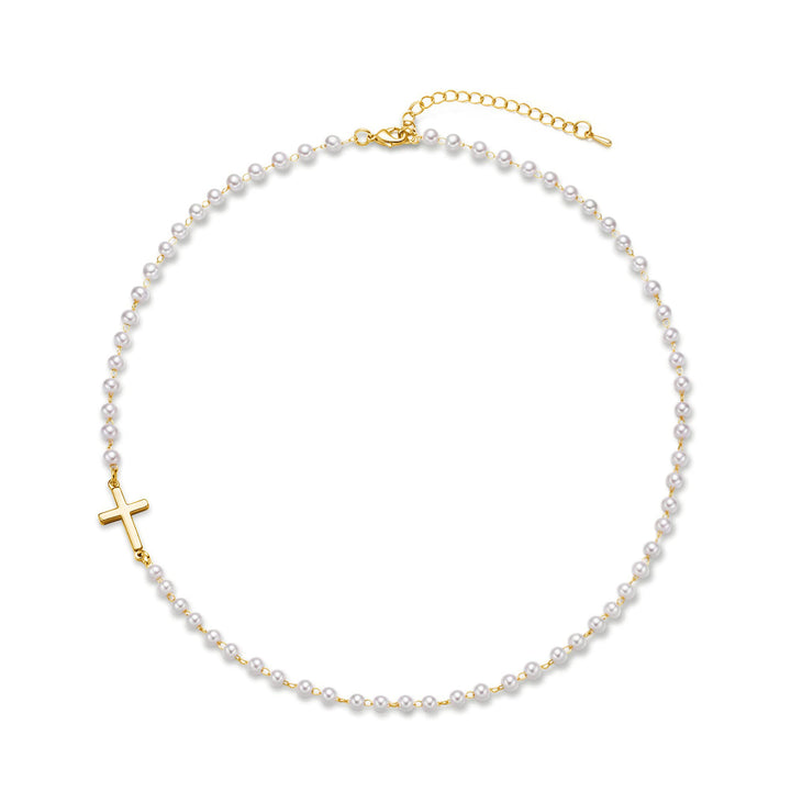 Pearl Cross Necklace (Plain Gold/Diamond-Inlaid Version)