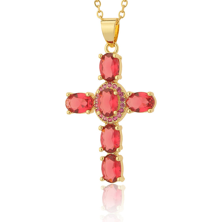 Gold-Plated Imitation Diamond Religious Pendant Luxurious Colored Gem Cross Necklace