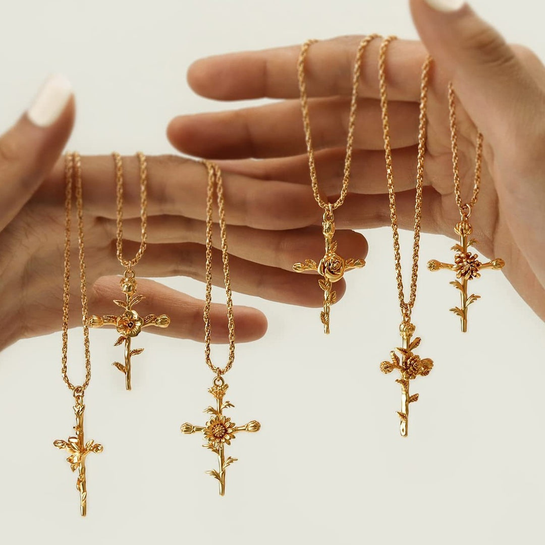 12-Month Birth Flower Cross Necklace 18K Gold-Plated Embossed Floral Pendant Light Luxury Memorial Choker