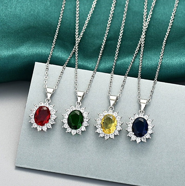 Colored Gem Sunflower Pendant Necklace Silver-Plated Full-Diamond Light Luxury Choker