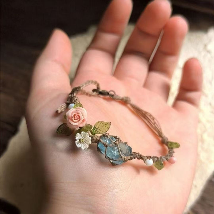 Natural Aquamarine Hand-Woven Bracelet Bohemian Forest Flower Retro Cord