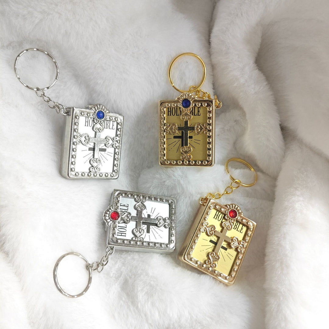 Vintage Holy Bible Cross Keychain | 3D Book Design Christian Key Ring | Metal Faith Charm