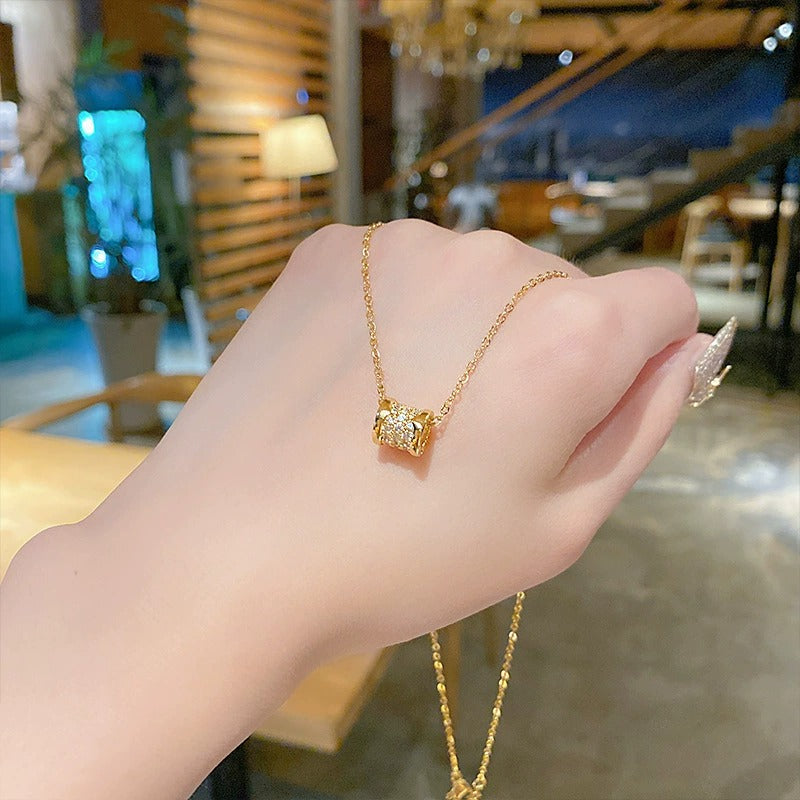18K Gold / White Gold Slim Barrel Pavé Necklace | Minimal Luxury Collarbone Chain
