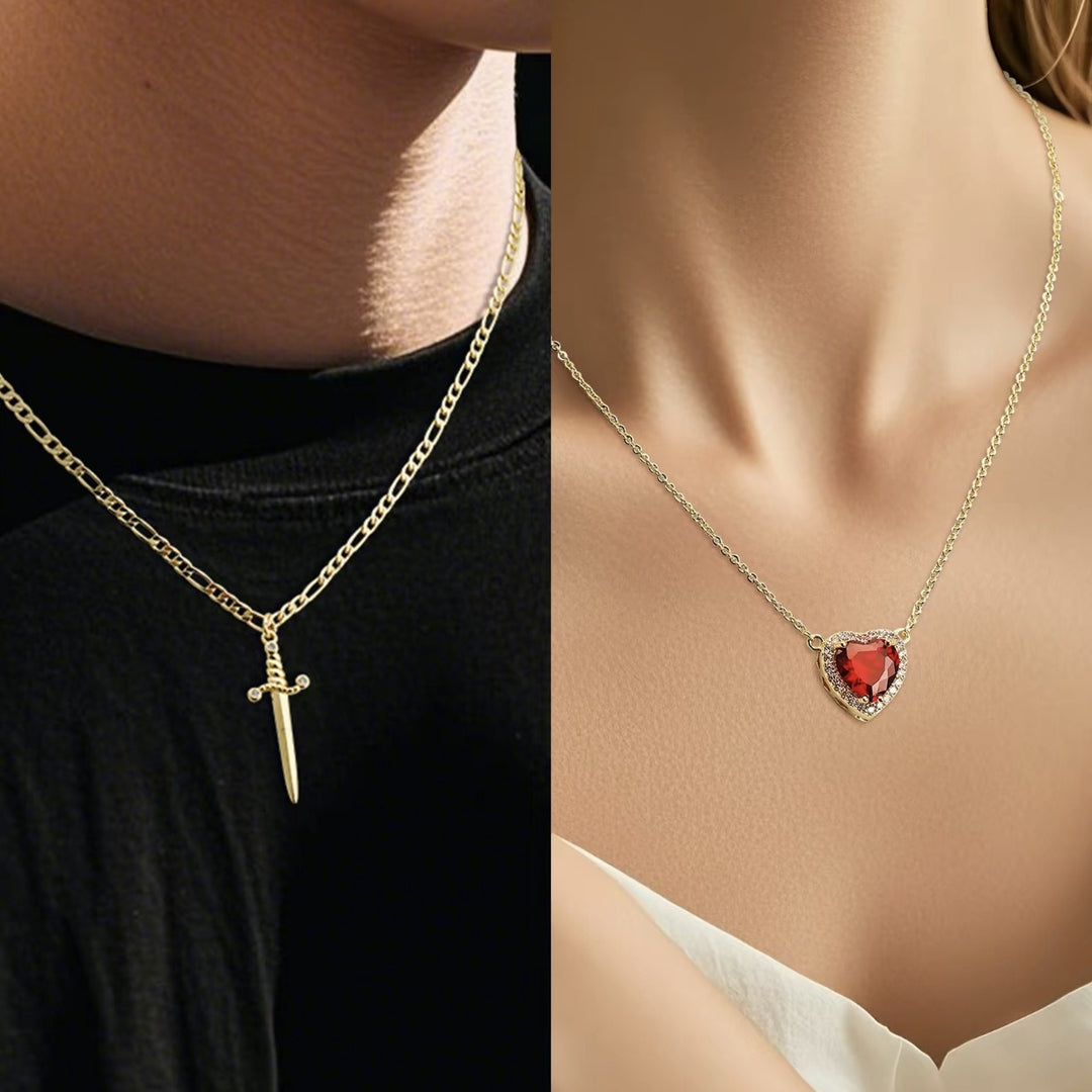 Sword - Heart Double - Layer Cuban Link Necklace (Gold/Silver, Multi - Gem Version)