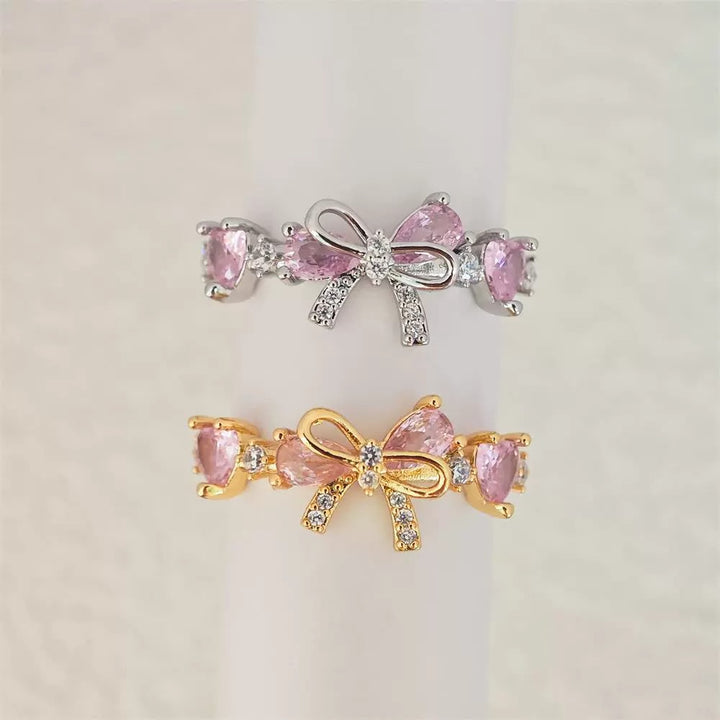 Light Luxury Bowknot Pink Diamond Ring - Gold/Silver Two-Color Women's Band