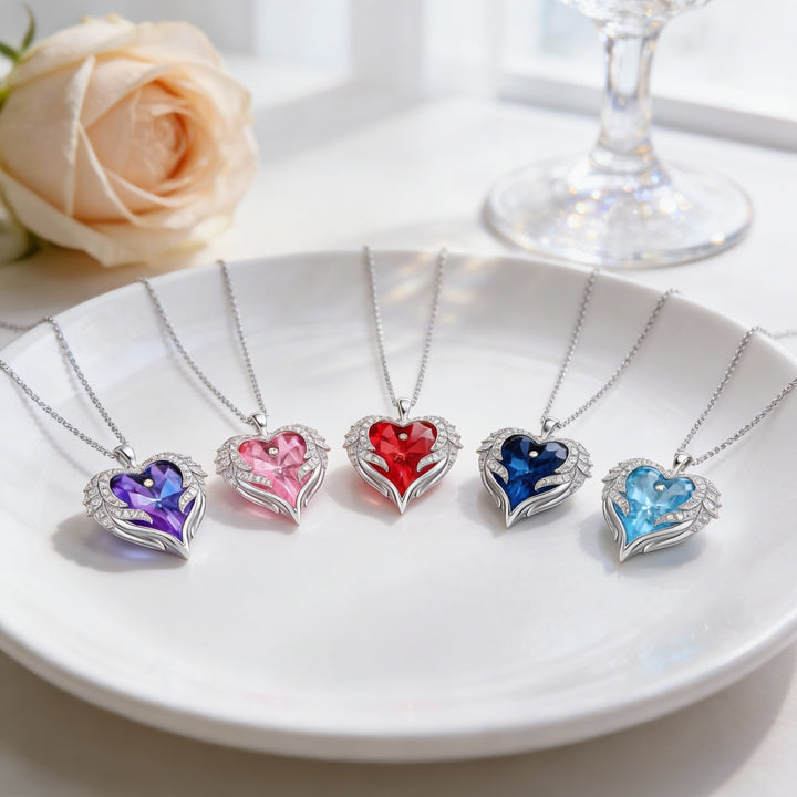 Angel Wing Heart Crystal Necklace | Multicolor Gem | Meaningful Gift for Her