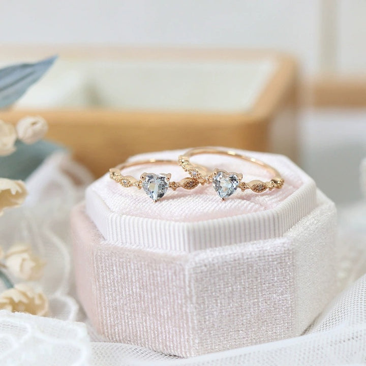 "Sky Heart" 18K Gold Heart Aquamarine Ring | Vintage Starburst Diamond-Accented Dainty Daily Band