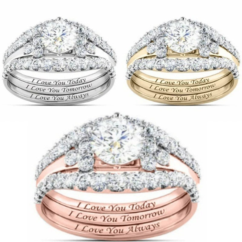 “Today·Tomorrow·Always” 18K Gold Diamond Stackable Ring Set｜Three-Layer Romantic Vow Engraved in Love