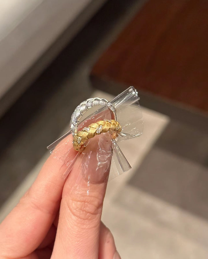 Feather Trace Handcrafted Texture Gold/Silver Diamond Open Ring