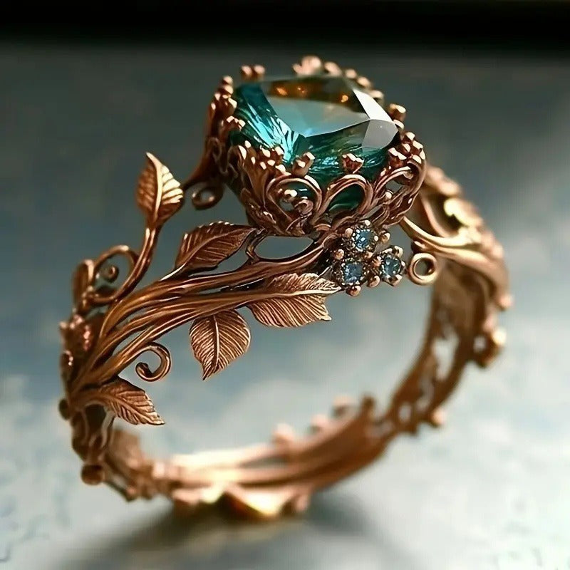 Vine Crystal Glow Vintage Vine Green Crystal Ring｜Natural Texture for Finger Elegance
