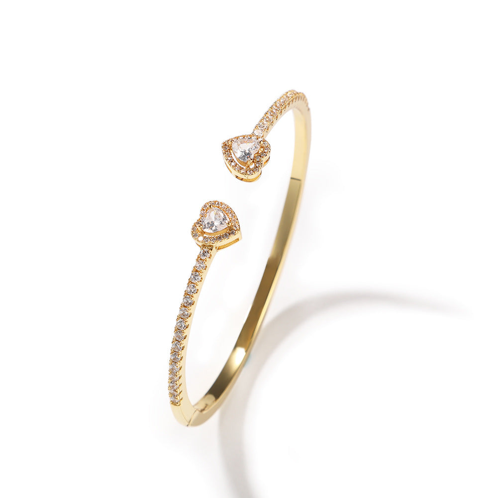 Double Heart Diamond-Inlaid Bangle (Gold/Silver Version)