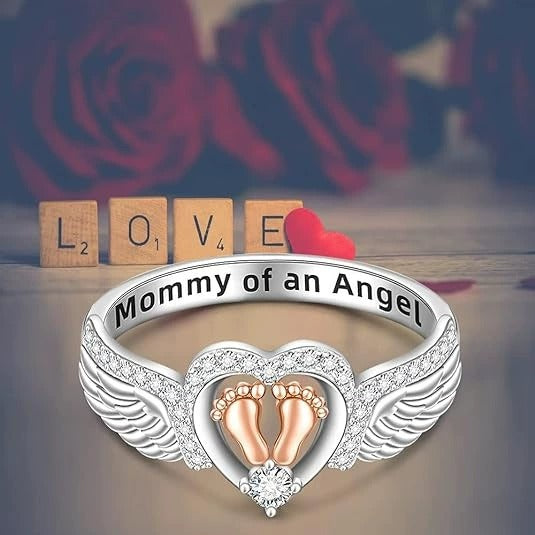 "Mommy of an Angel" Heart Footprint Wing Ring - Women's Memorial Light Luxury Diamond-Encrusted Accessory