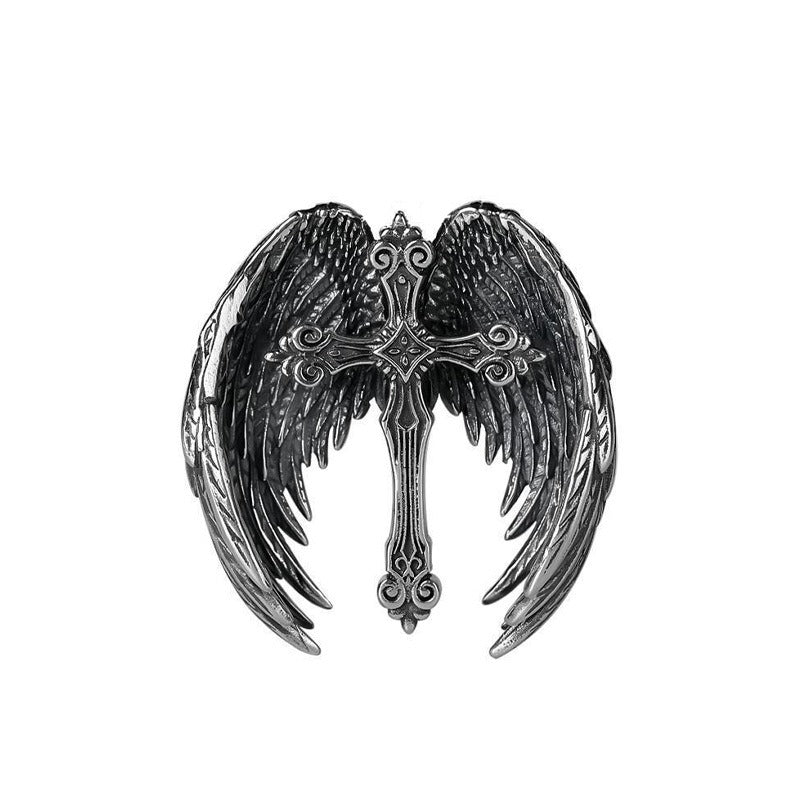 S925 Silver Antique Finish Dark Winged Cross Necklace - Retro Religious Style Unisex Niche Pendant Jewelry