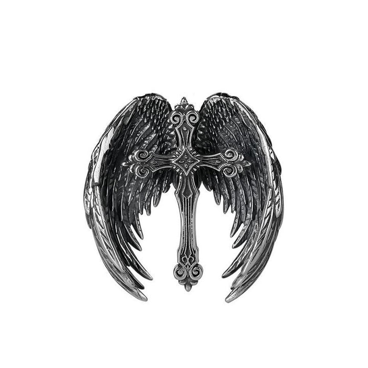 S925 Silver Antique Finish Dark Winged Cross Necklace - Retro Religious Style Unisex Niche Pendant Jewelry