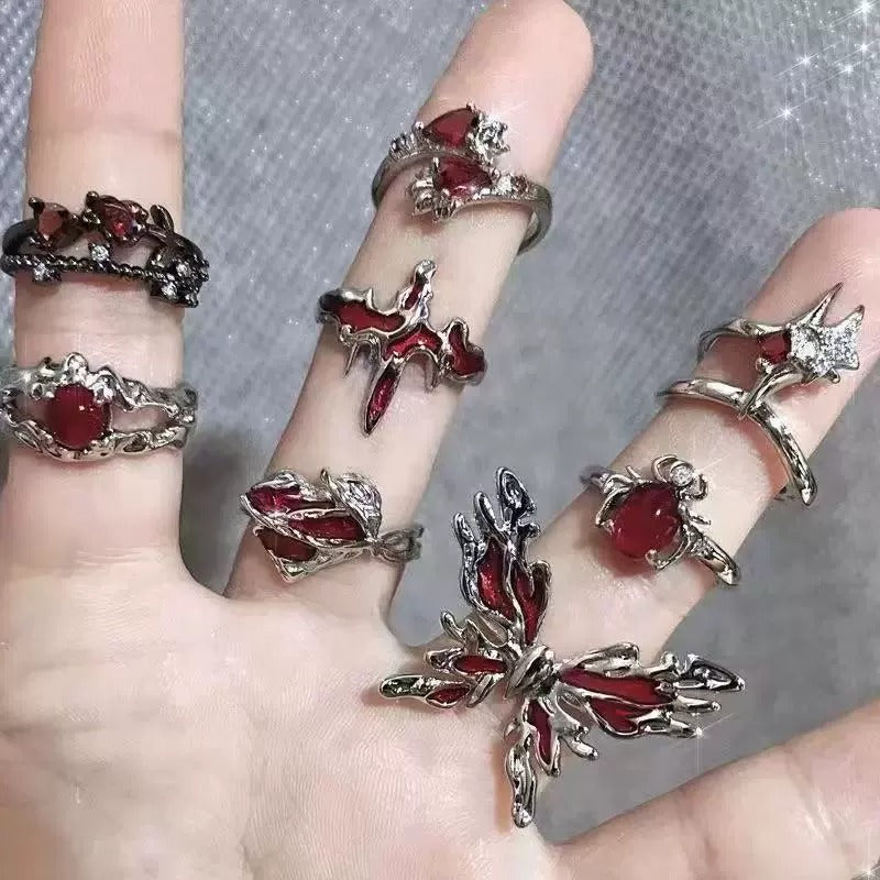 Gothic Dark Red & Black Open Ring - Multi-Style (Thorn/Butterfly/Star) Statement Band