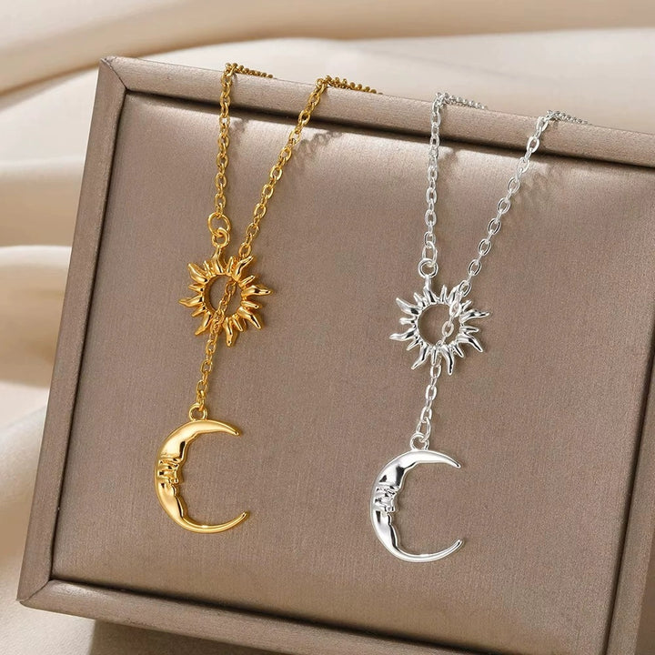 Sun & Moon Y-Drop Necklace - 18K Gold/Silver Retro Niche Pendant Necklace Unisex Fashion Clavicle Chain
