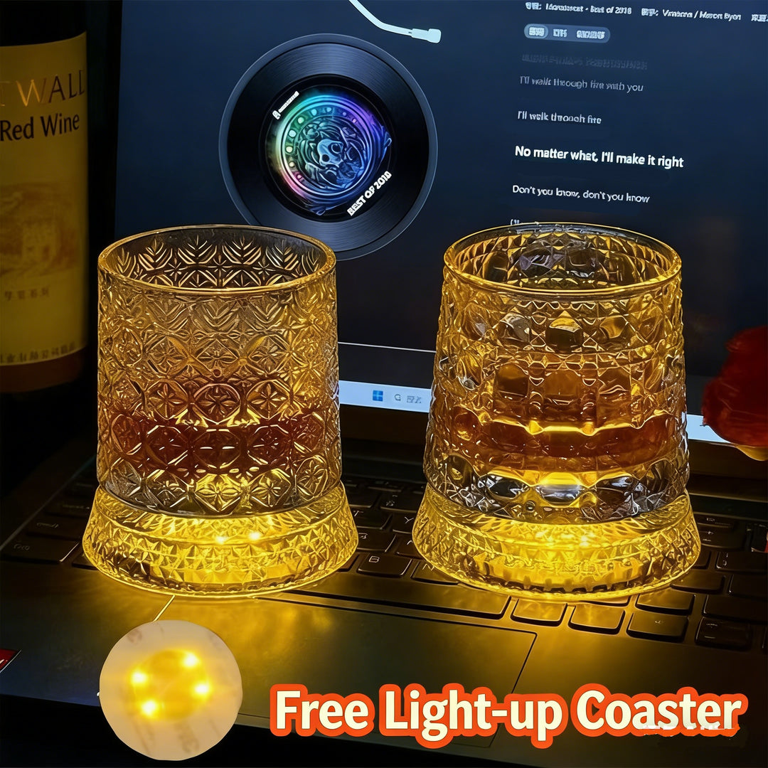 360° Rotating Crystal Whiskey Glass | Cold-Cut Crystal · Stainless Steel Spinning Base