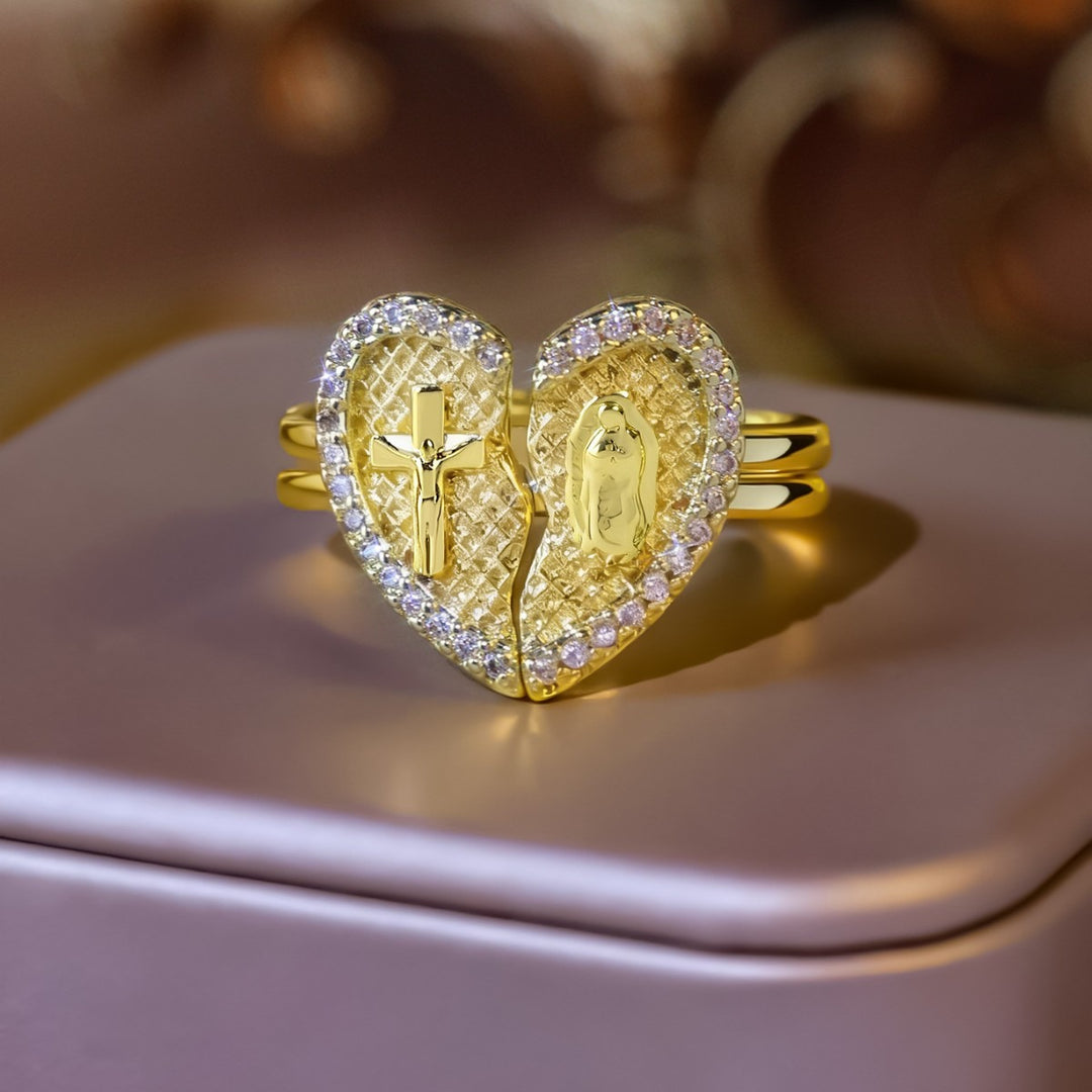 18K Gold-Plated Split Heart Religious Ring - Cross & Virgin Mary Diamond-Paved Couple Matching Ring
