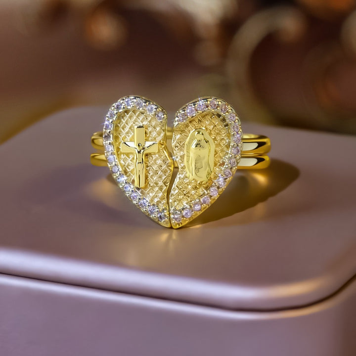 18K Gold-Plated Split Heart Religious Ring - Cross & Virgin Mary Diamond-Paved Couple Matching Ring