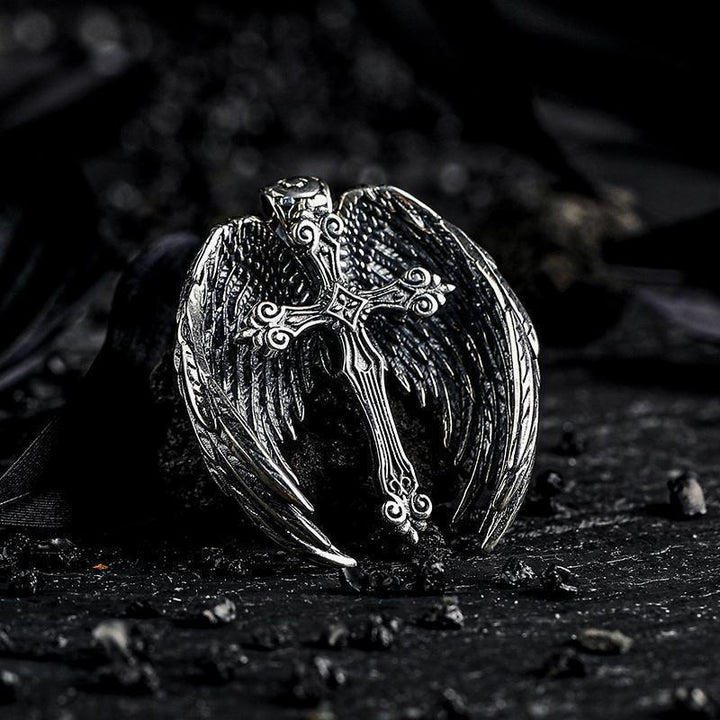 S925 Silver Antique Finish Dark Winged Cross Necklace - Retro Religious Style Unisex Niche Pendant Jewelry
