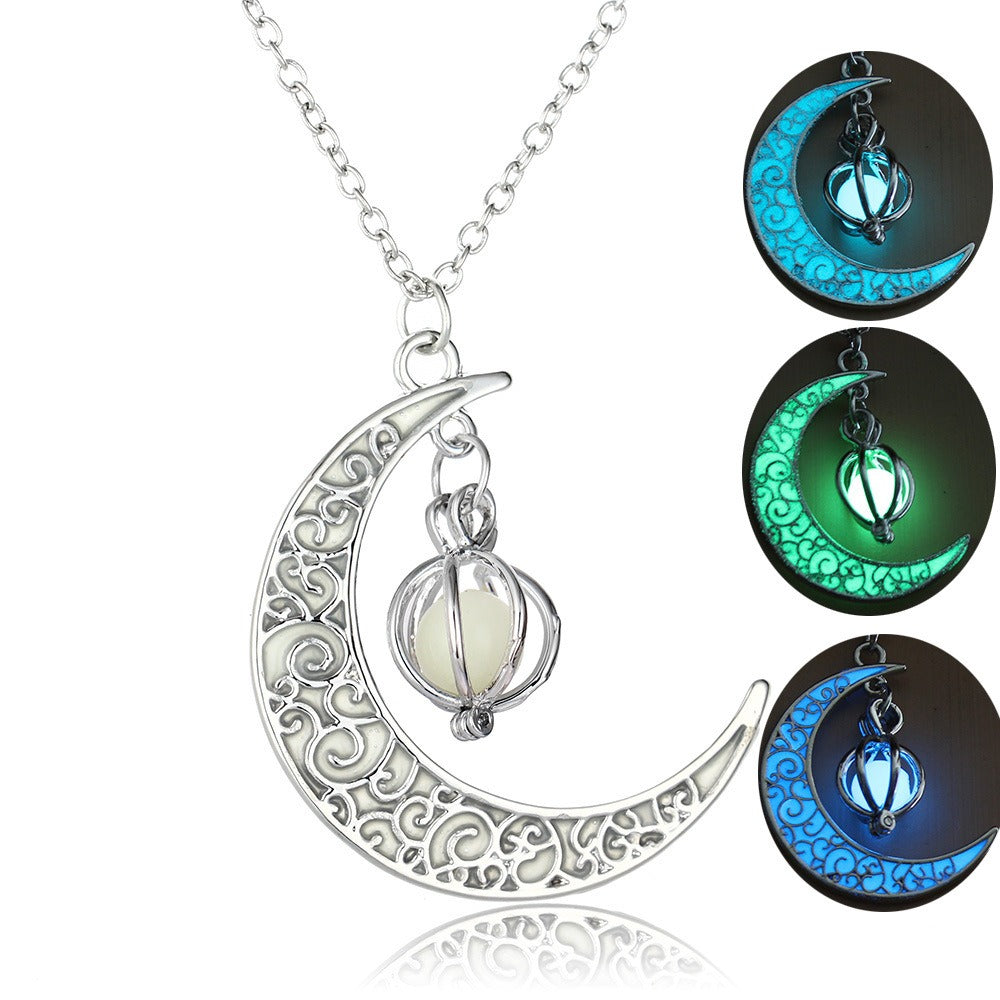 S925 Silver Tri-Color Glow-in-the-Dark Moon Star Lantern Necklace