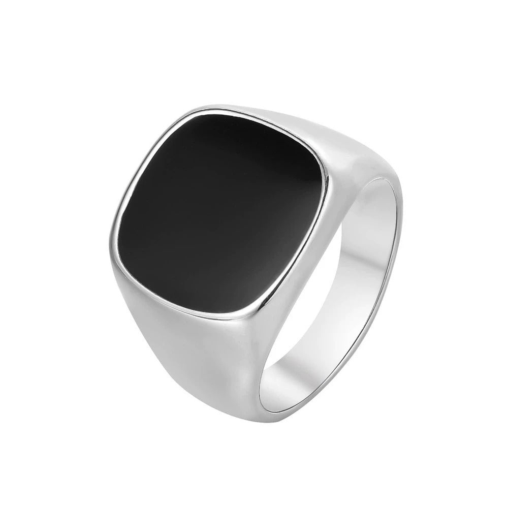 18K Gold/Bright Silver Minimalist Black Onyx Square Ring