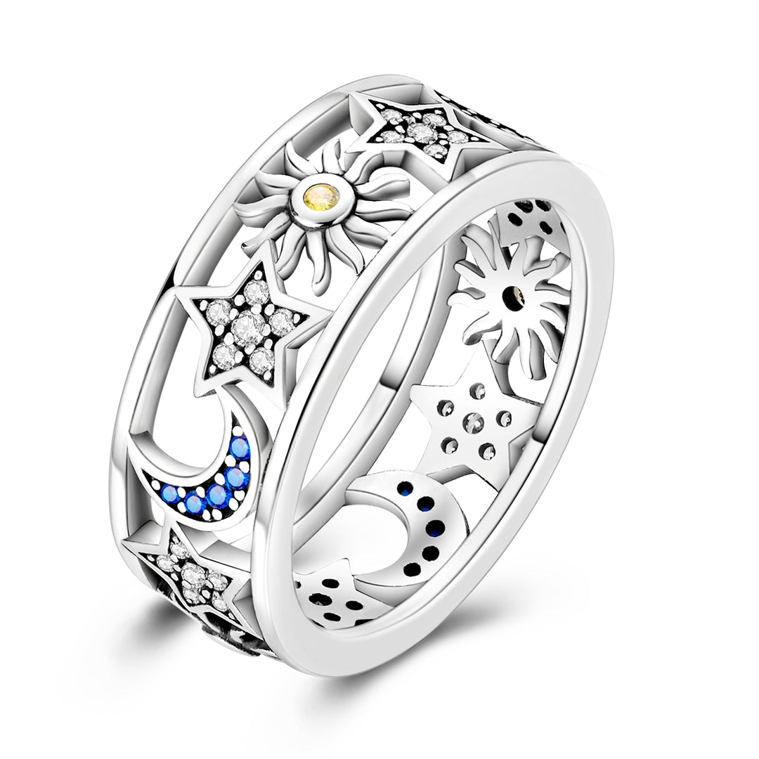 S925 Silver Dual-Color Double-Layer Hollow Moon & Star Diamond-Paved Ring