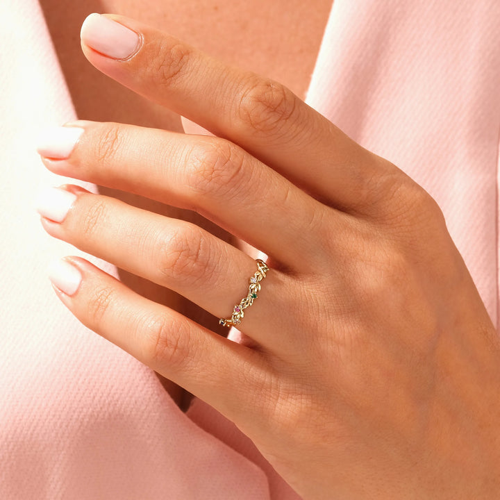 Personalized Floral Birthstone Ring Gold-Plated Multi-Color Gem Band
