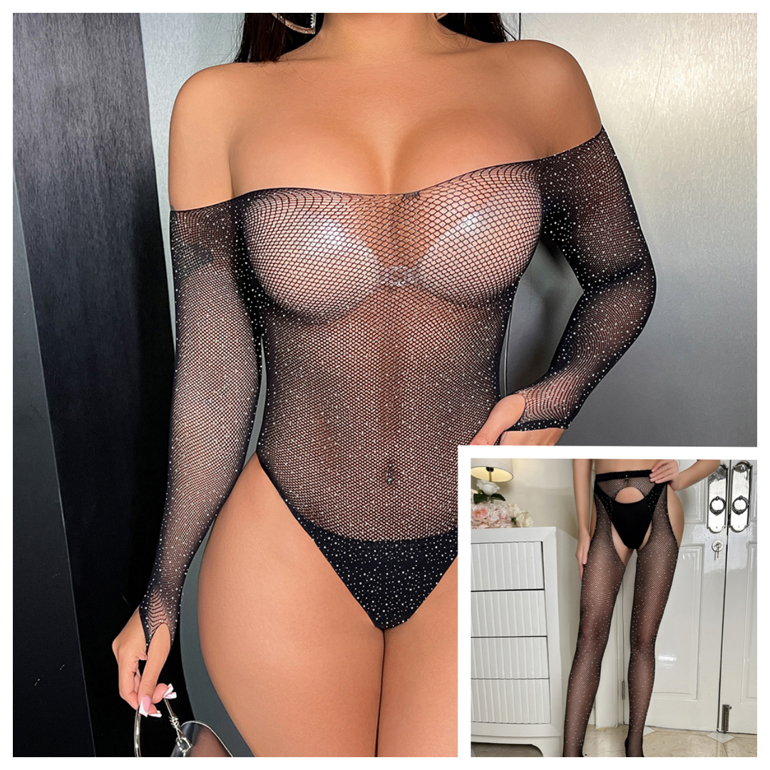 Sparkling Rhinestone Fishnet Bodysuit & Garter Stockings Set