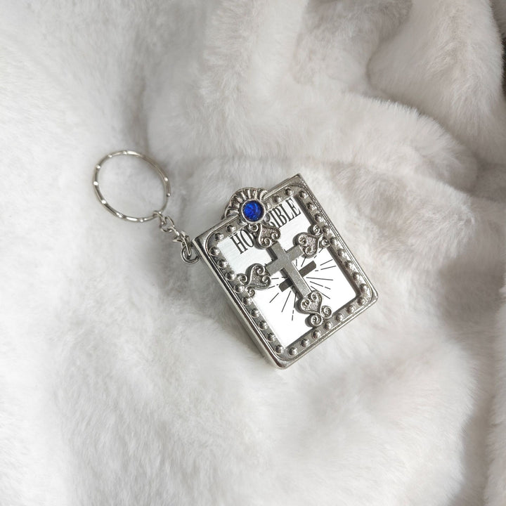 Vintage Holy Bible Cross Keychain | 3D Book Design Christian Key Ring | Metal Faith Charm