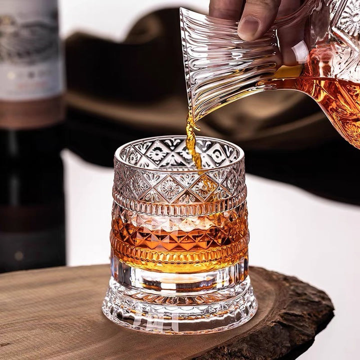 360° Rotating Crystal Whiskey Glass | Cold-Cut Crystal · Stainless Steel Spinning Base