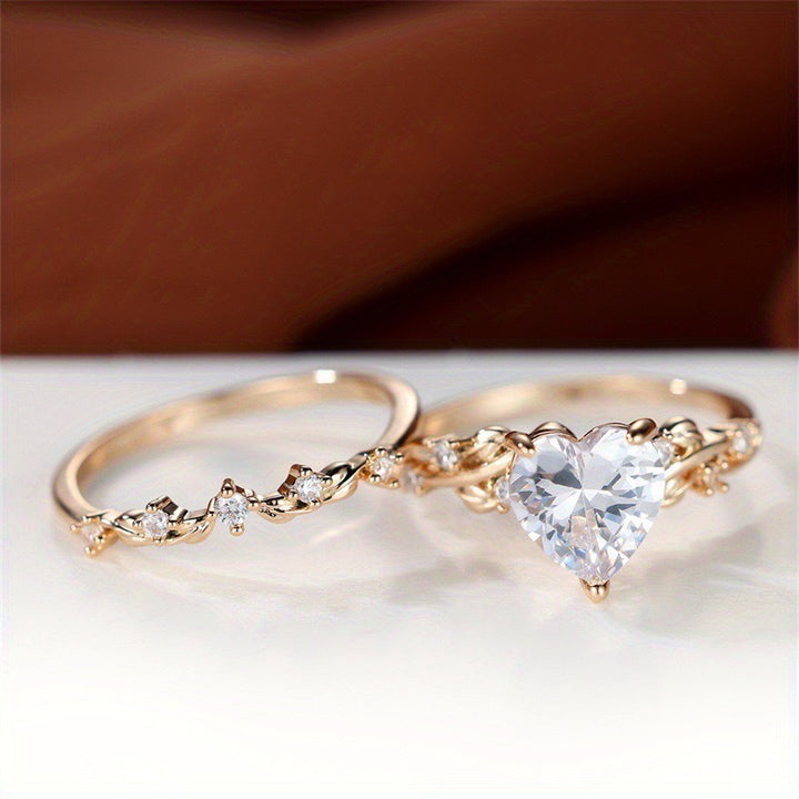 Multi-Color Heart Gemstone Vine Ring Set - Women's Light Luxury Romantic Diamond-Encrusted Accessory