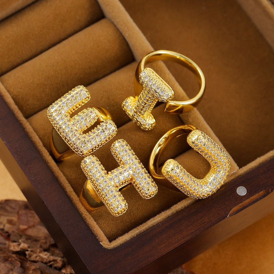 Letter Starburst 18K Gold Diamond 26-Letter Open Ring（Free shipping on orders of two or more items）