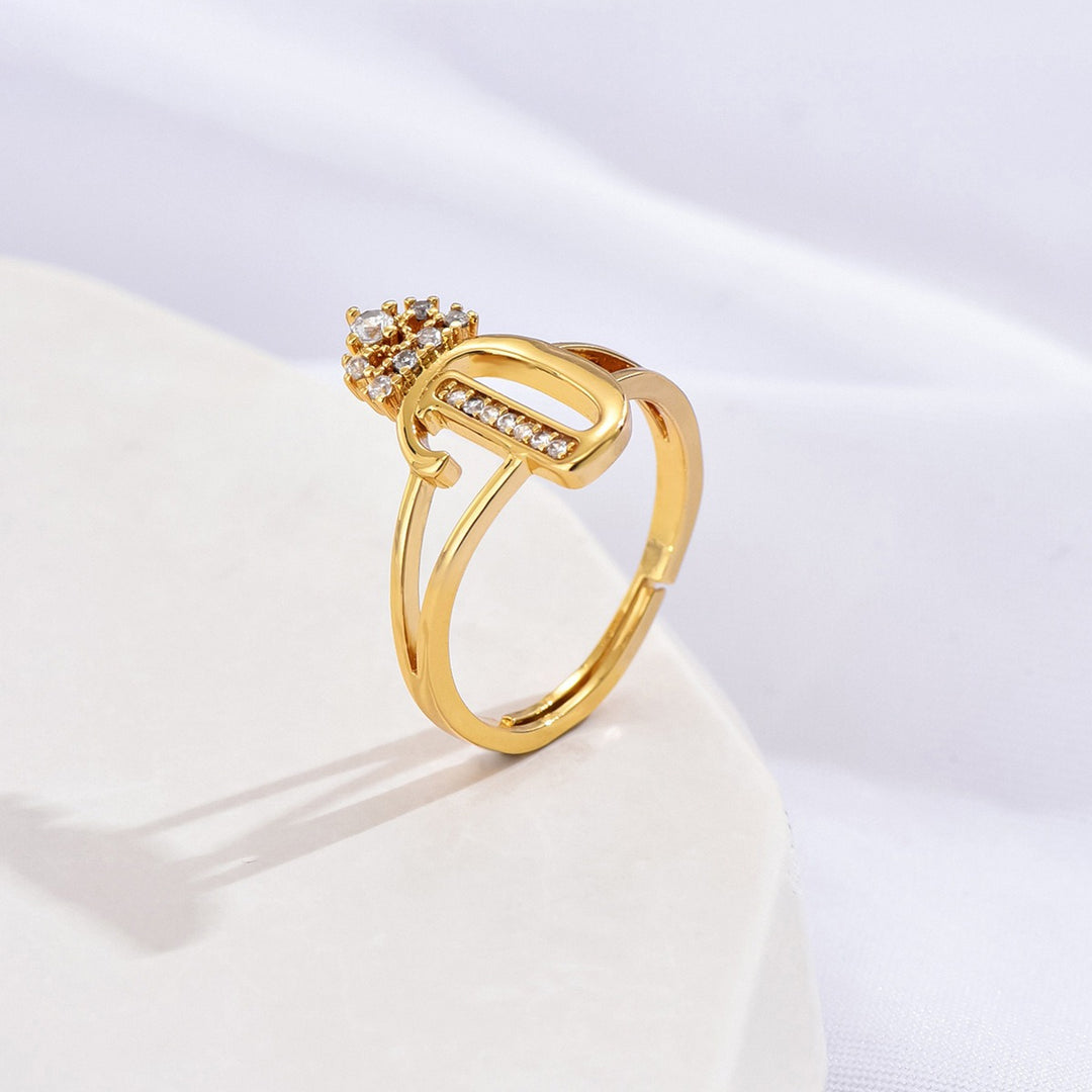 26 Letters Optional Crown Diamond-Encrusted Ring - Women's Light Luxury Personalized Letter Accessory