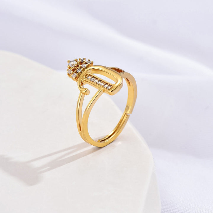 26 Letters Optional Crown Diamond-Encrusted Ring - Women's Light Luxury Personalized Letter Accessory