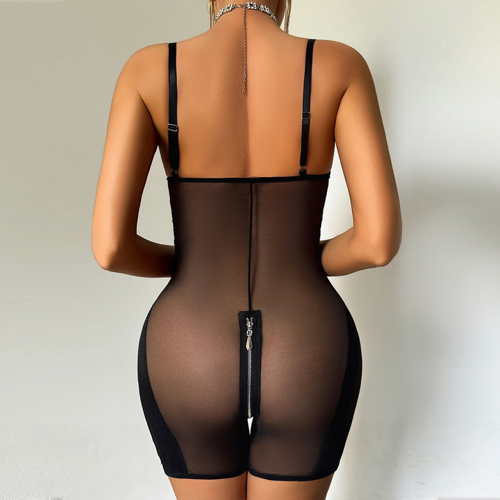 Black Sheer Mesh Zip-Up Bodysuit