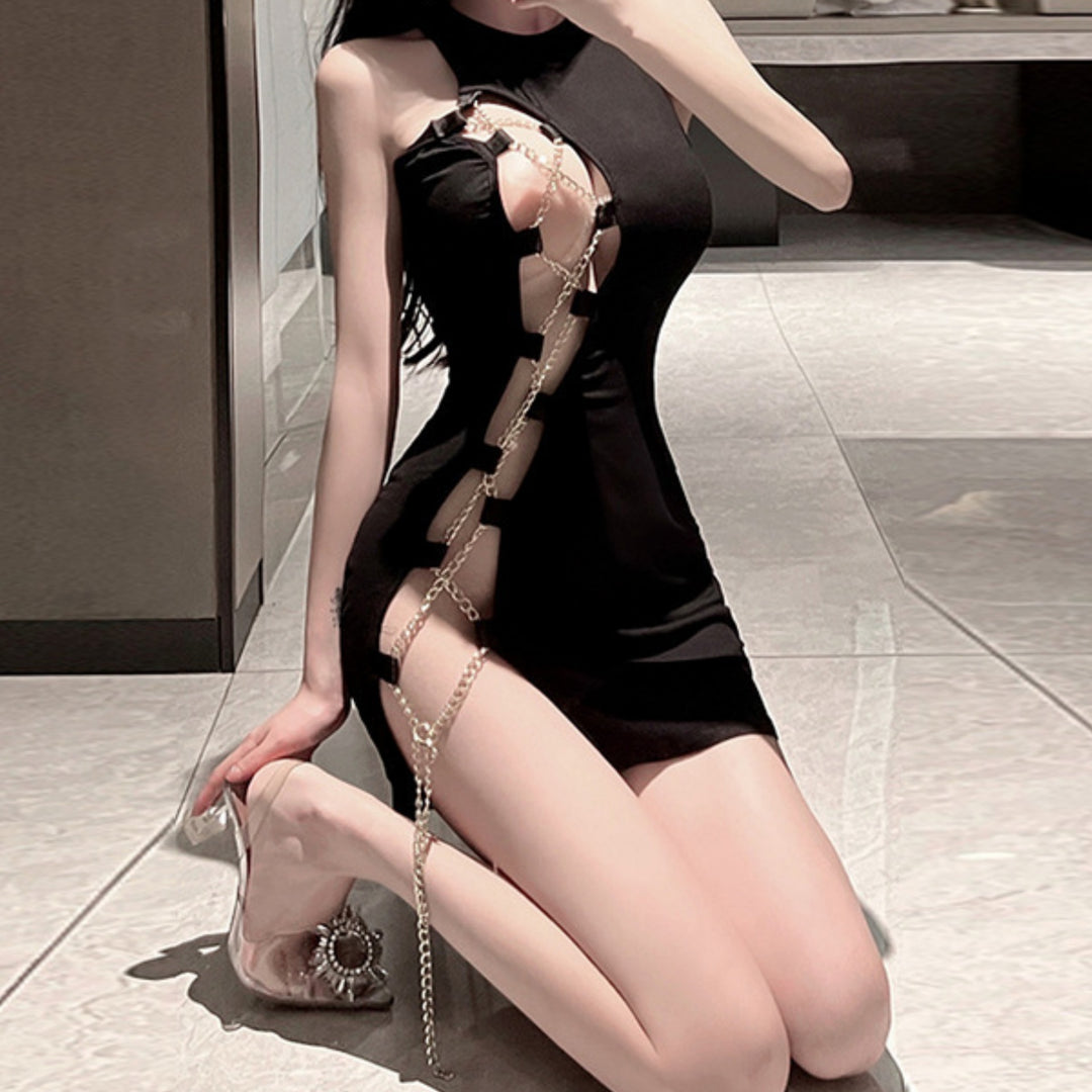 Black Chain Strappy Cutout Mini Dress