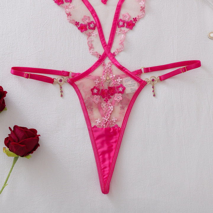 Pink Floral Lace Sheer Strappy Bodysuit