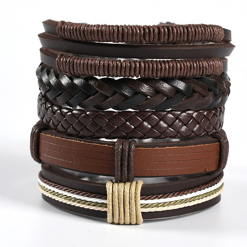 Multi-Style Leather Stackable Bracelet Set - Titanium Steel Accents Niche Dark-Style Bracelets