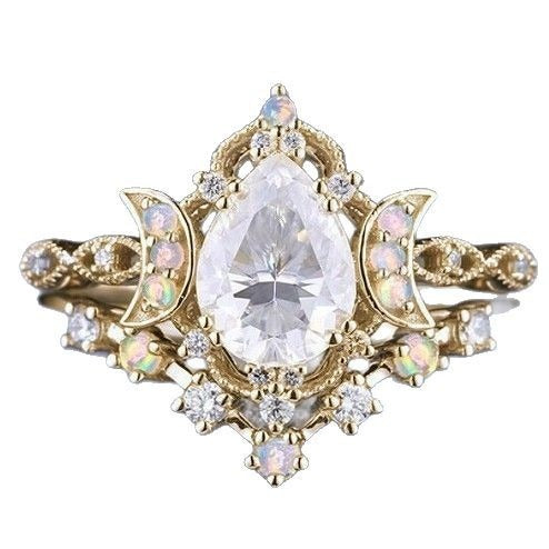 Vintage Moon-Star Teardrop Diamond Ring - S925 Silver Plated 18K Gold Opal Light Luxury Band