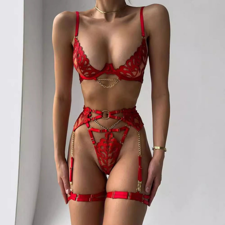 Chain Embellished Lace Garter Lingerie Set