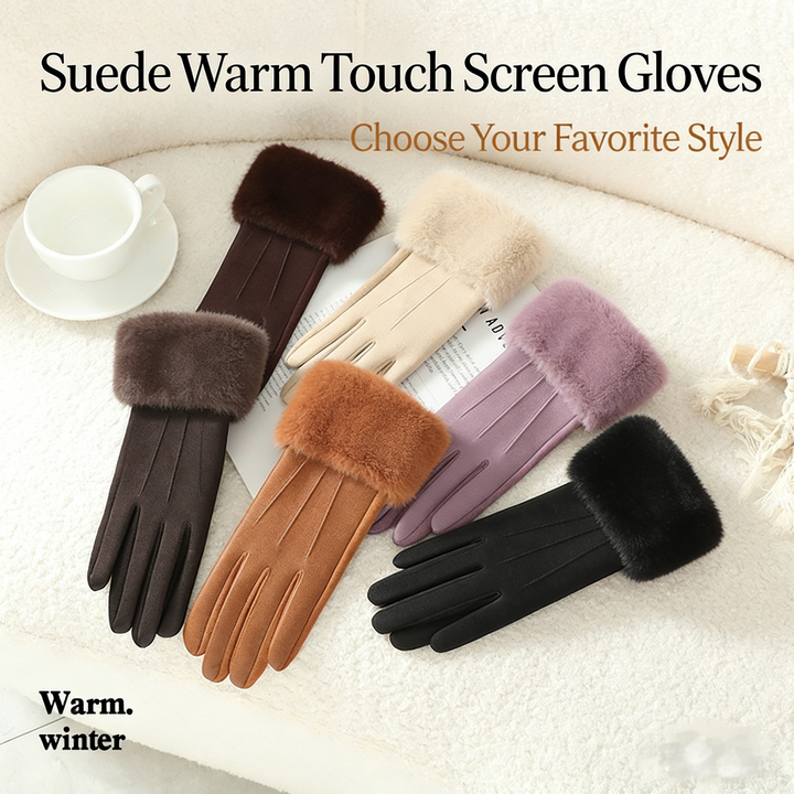 Luxury Faux Mink Collar Suede Touchscreen Gloves | Women's Windproof Thermal Fashion Gloves for Autumn & Winter