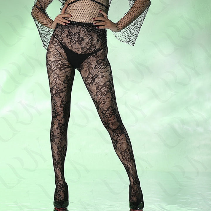 Floral Lace Crotchless Bodysuit Stockings