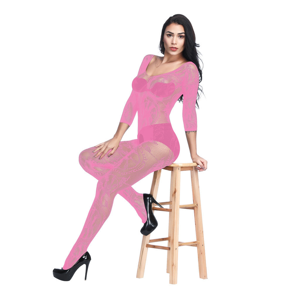 Floral Lace 3/4 Sleeve Crotchless Bodystocking