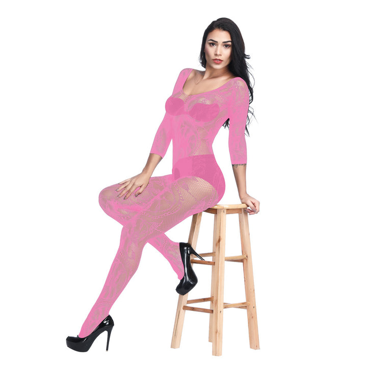 Floral Lace 3/4 Sleeve Crotchless Bodystocking