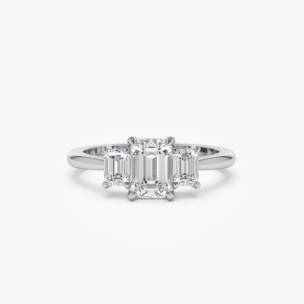 18K Gold Baguette Three-Stone Ring - Emerald-Cut Light Luxury Band