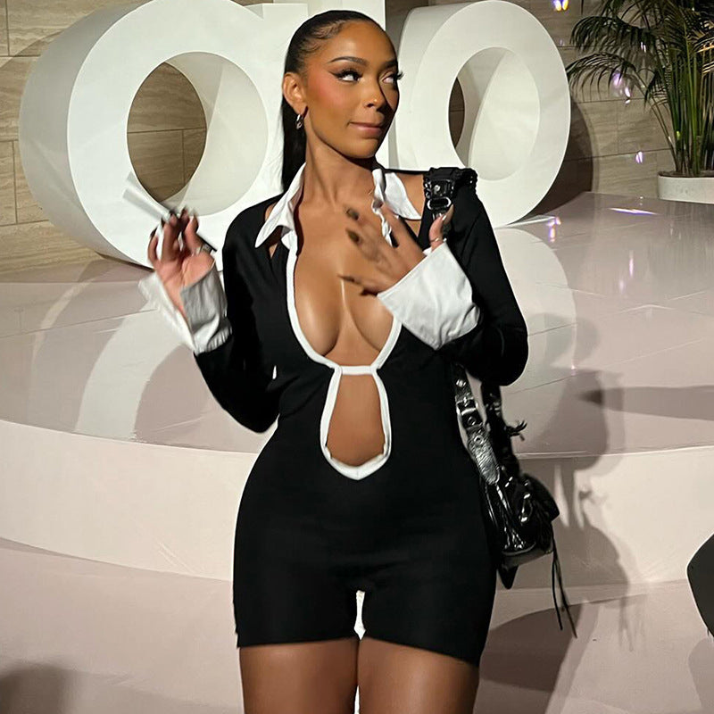 Open-Back Collar Romper with Tie