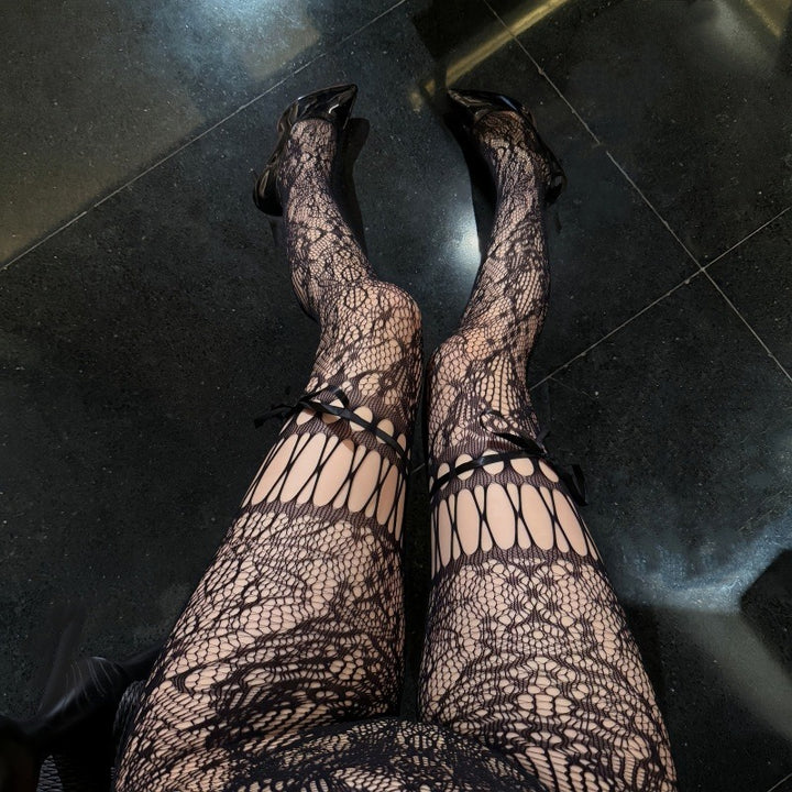 Lace Cutout Pantyhose with Bows