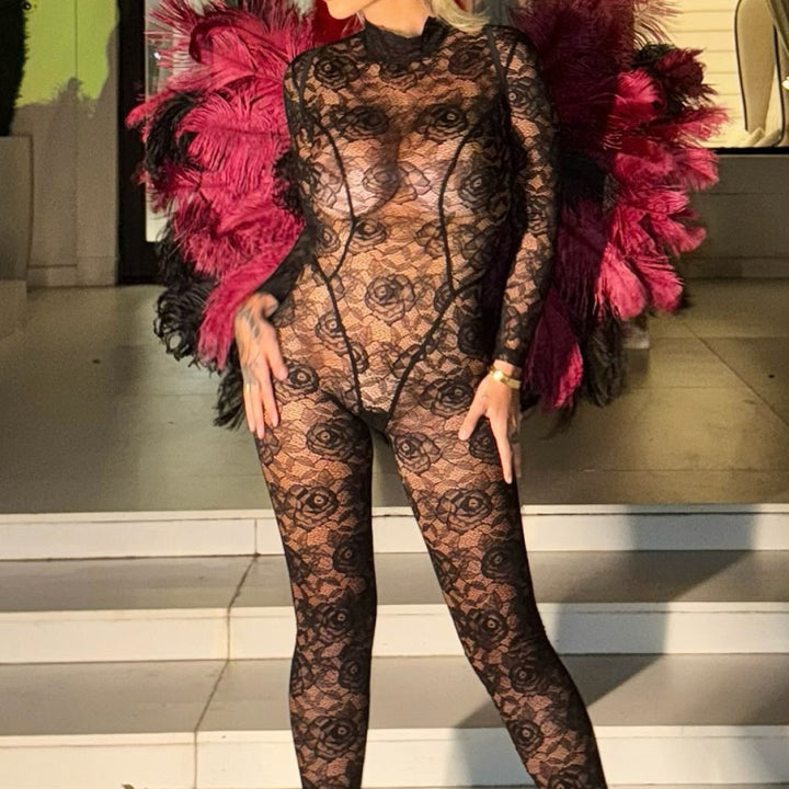 Black Rose Lace High Neck Bodystocking